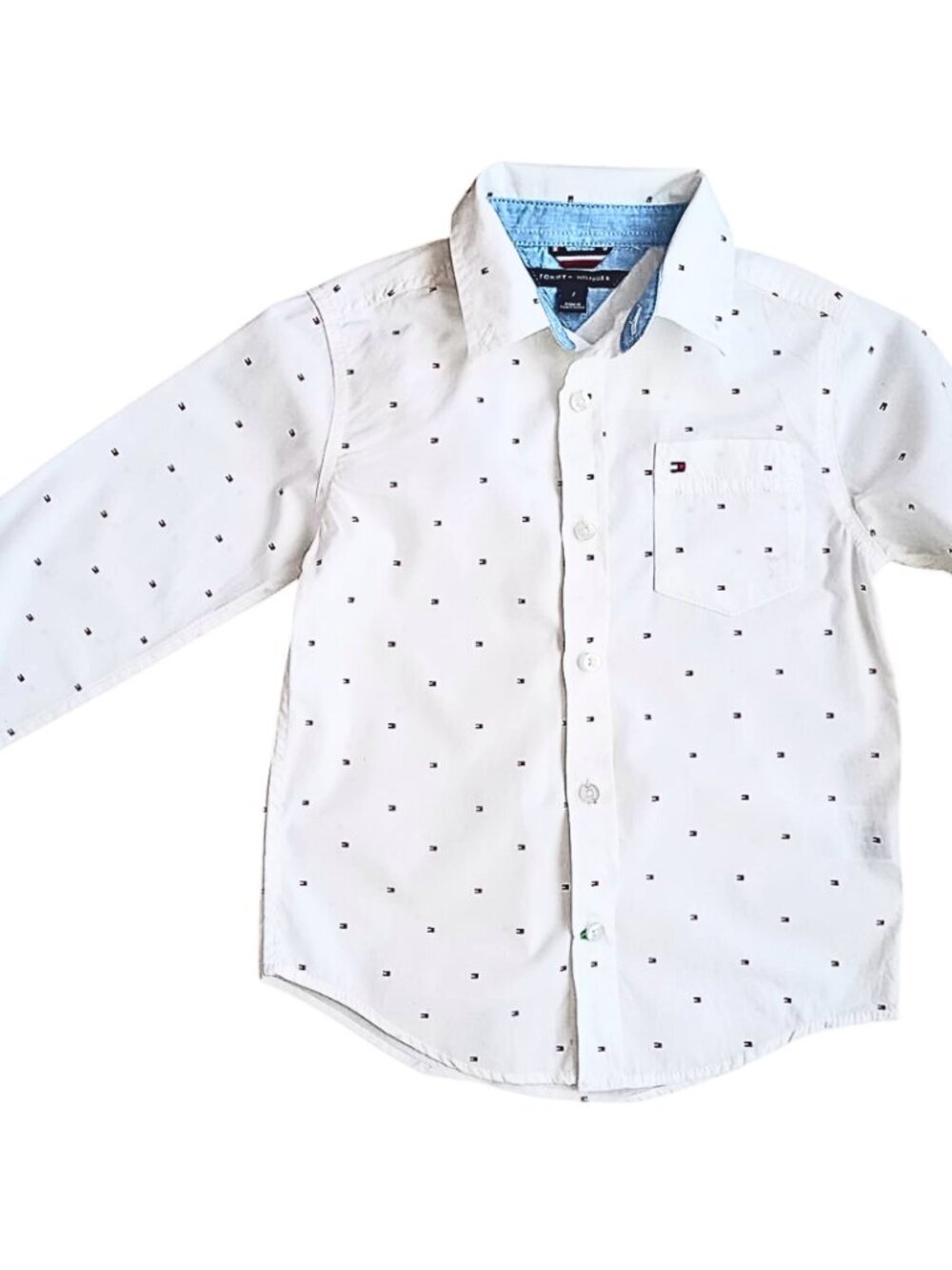 Tommy Hilfiger Boys White Button Down Shirt Size 7 โ Classic Logo Print Long Sle - Picture 3 of 7